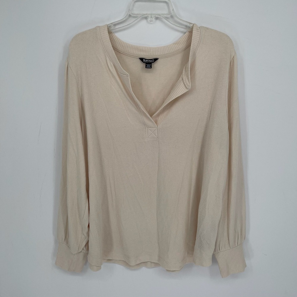 Buffalo David‎ Bitton Women's Beige Ribbed Split Neck Long Sleeve Top Size XXL